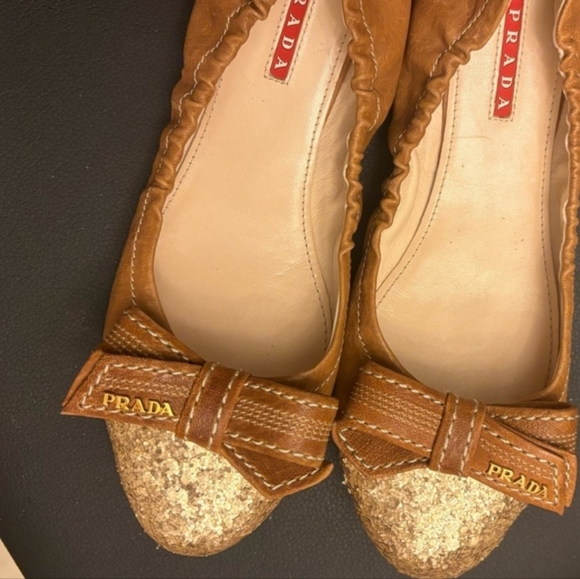 Prada Brown and Gold Flats with Bow - Picture 9 of 15